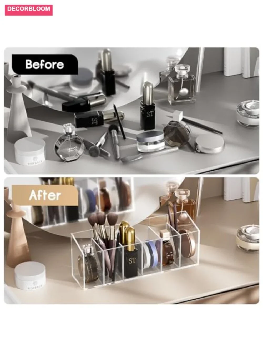 Acrylic 6-Compartment Makeup Organizer 2PCS, Transparent Brush Holder for Vanity